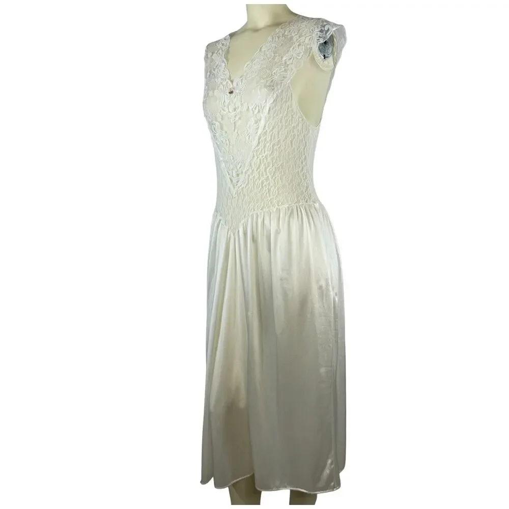 1970s Cira Ivory Lace & Satin Bias-Cut Slip Dress Made in USA size small
